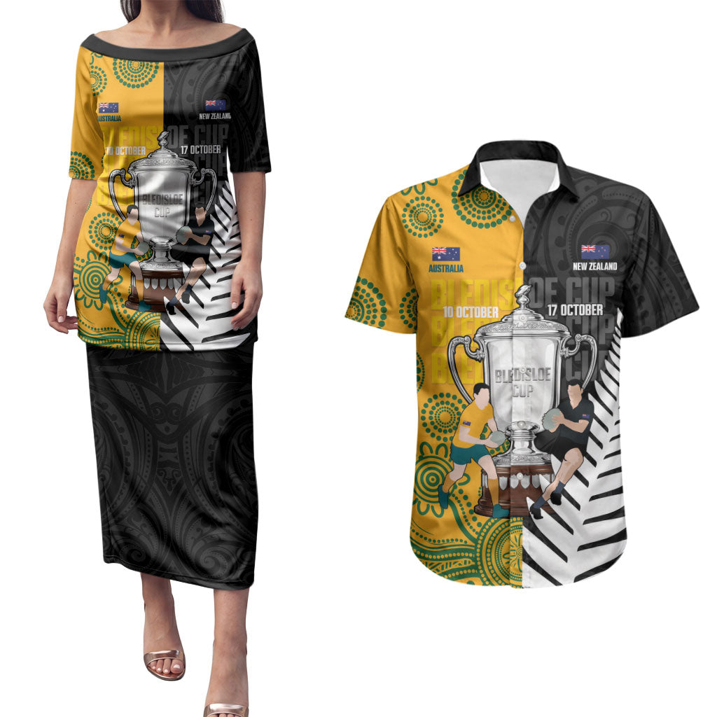New Zealand Australia Rugby Bledisloe 2026 Custom Couples Matching Puletasi and Hawaiian Shirt Champion Trophy Maori Aboriginal Art LT14 Multicolor - Polynesian Pride