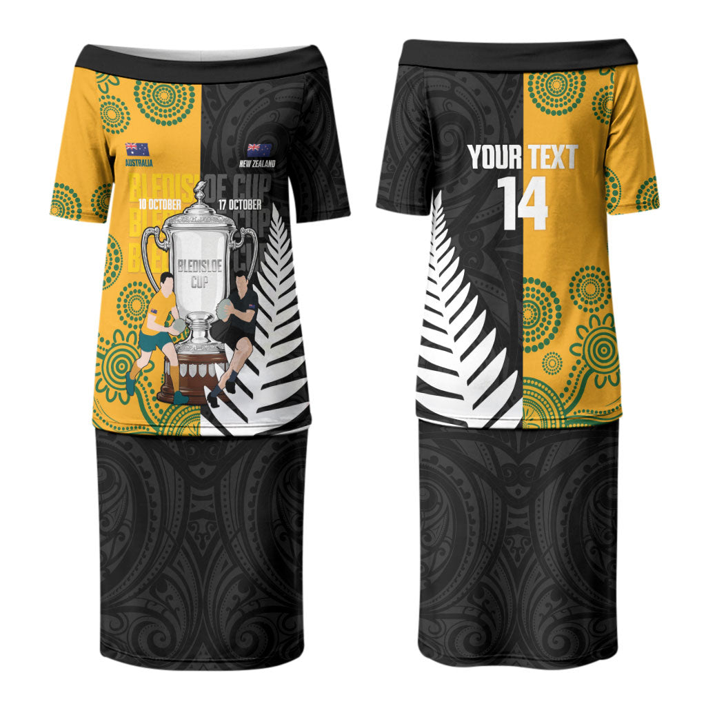 New Zealand Australia Rugby Bledisloe 2026 Custom Couples Matching Puletasi and Long Sleeve Button Shirt Champion Trophy Maori Aboriginal Art LT14 - Polynesian Pride