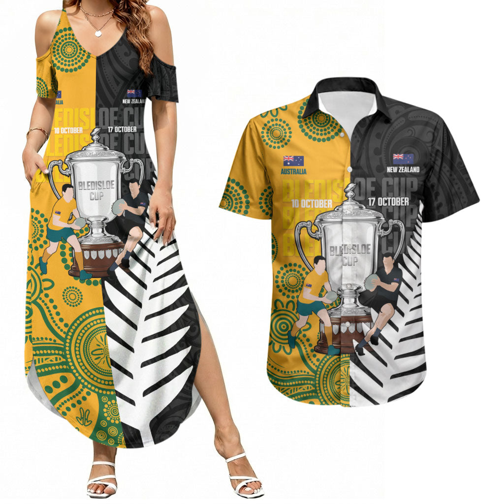 New Zealand Australia Rugby Bledisloe 2026 Custom Couples Matching Summer Maxi Dress and Hawaiian Shirt Champion Trophy Maori Aboriginal Art LT14 Multicolor - Polynesian Pride