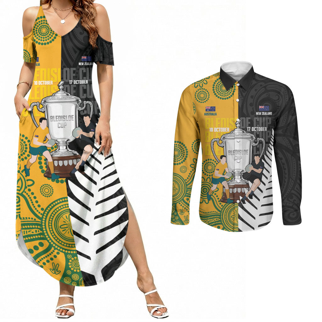 New Zealand Australia Rugby Bledisloe 2026 Custom Couples Matching Summer Maxi Dress and Long Sleeve Button Shirt Champion Trophy Maori Aboriginal Art LT14 Multicolor - Polynesian Pride