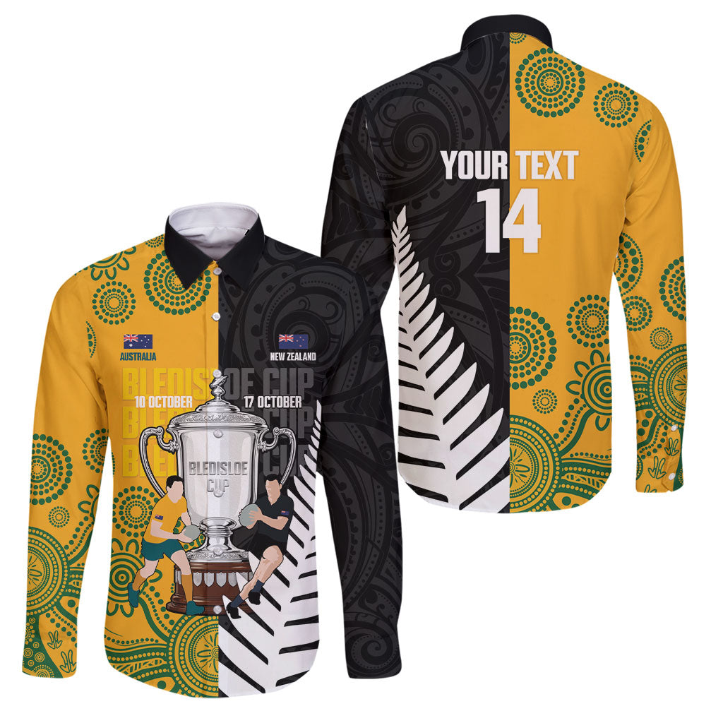 New Zealand Australia Rugby Bledisloe 2026 Custom Family Matching Off The Shoulder Long Sleeve Dress and Hawaiian Shirt Champion Trophy Maori Aboriginal Art LT14 Dad's Shirt - Long Sleeve Multicolor - Polynesian Pride