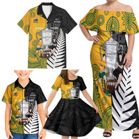 New Zealand Australia Rugby Bledisloe 2026 Custom Family Matching Off Shoulder Maxi Dress and Hawaiian Shirt Champion Trophy Maori Aboriginal Art LT14 - Polynesian Pride