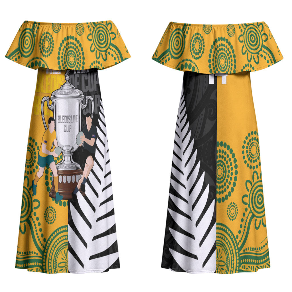 New Zealand Australia Rugby Bledisloe 2026 Custom Family Matching Off Shoulder Maxi Dress and Hawaiian Shirt Champion Trophy Maori Aboriginal Art LT14 Mom's Dress Multicolor - Polynesian Pride