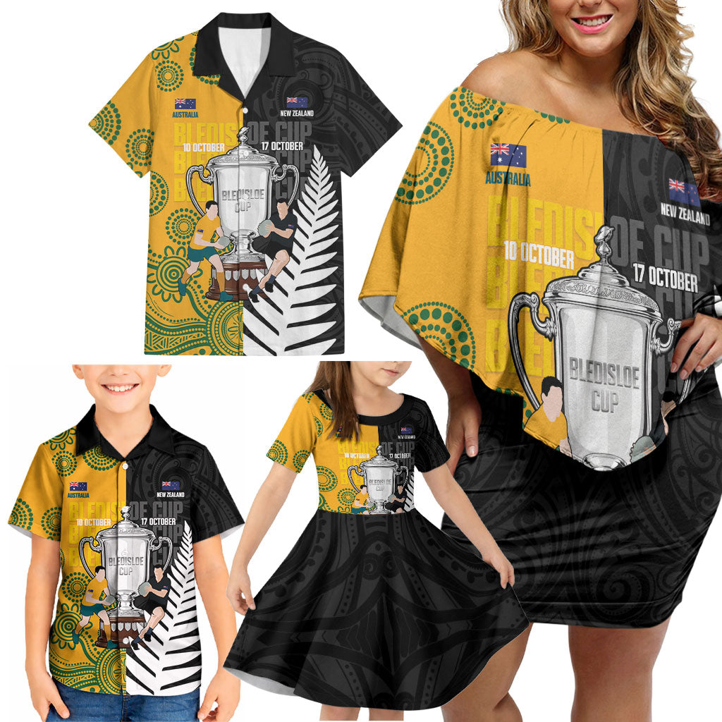 New Zealand Australia Rugby Bledisloe 2026 Custom Family Matching Off Shoulder Short Dress and Hawaiian Shirt Champion Trophy Maori Aboriginal Art LT14 - Polynesian Pride