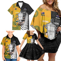New Zealand Australia Rugby Bledisloe 2026 Custom Family Matching Off Shoulder Short Dress and Hawaiian Shirt Champion Trophy Maori Aboriginal Art LT14 - Polynesian Pride