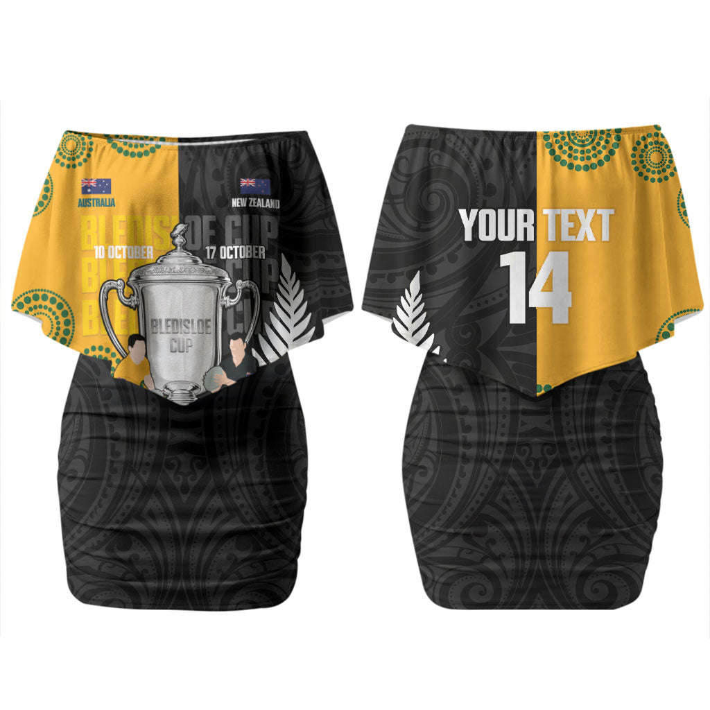 New Zealand Australia Rugby Bledisloe 2026 Custom Family Matching Off Shoulder Short Dress and Hawaiian Shirt Champion Trophy Maori Aboriginal Art LT14 Mom's Dress Multicolor - Polynesian Pride