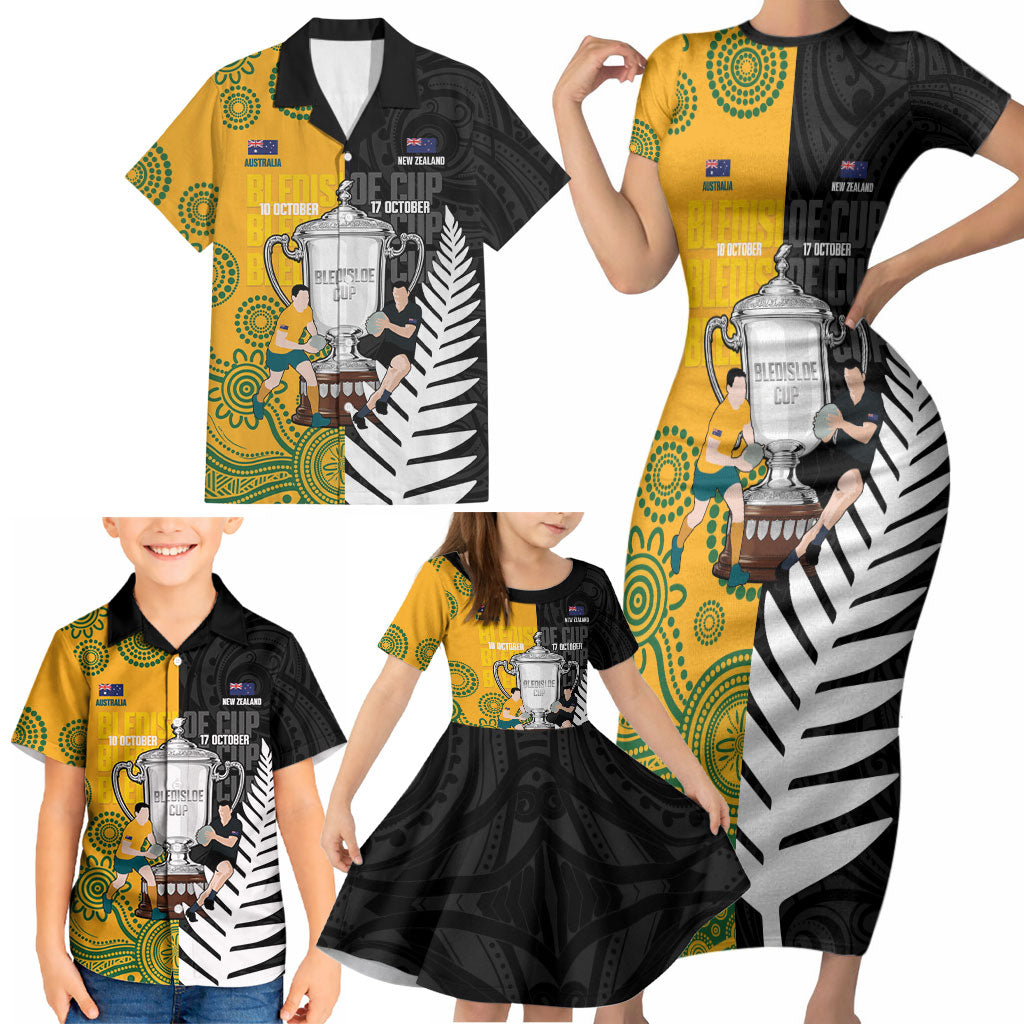 New Zealand Australia Rugby Bledisloe 2026 Custom Family Matching Short Sleeve Bodycon Dress and Hawaiian Shirt Champion Trophy Maori Aboriginal Art LT14 - Polynesian Pride