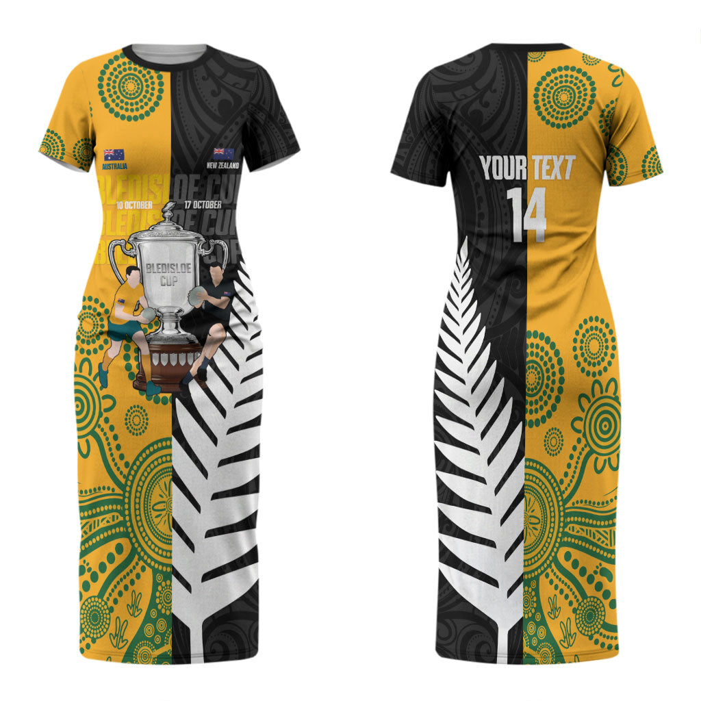 New Zealand Australia Rugby Bledisloe 2026 Custom Family Matching Short Sleeve Bodycon Dress and Hawaiian Shirt Champion Trophy Maori Aboriginal Art LT14 Mom's Dress Multicolor - Polynesian Pride