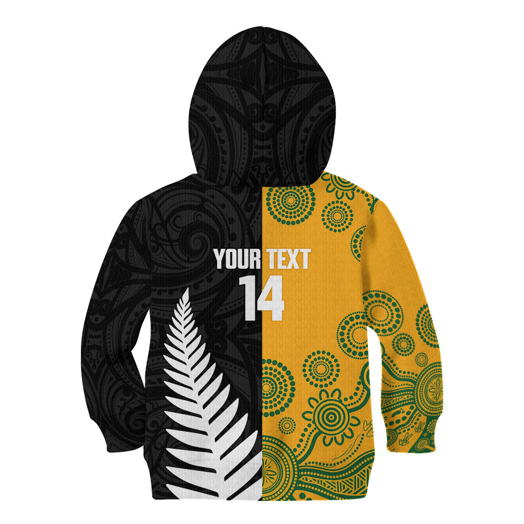 New Zealand Australia Rugby Bledisloe 2026 Custom Kid Hoodie Champion Trophy Maori Aboriginal Art LT14 - Polynesian Pride