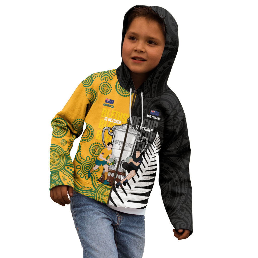 New Zealand Australia Rugby Bledisloe 2026 Custom Kid Hoodie Champion Trophy Maori Aboriginal Art LT14 - Polynesian Pride