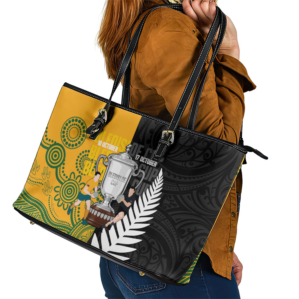 New Zealand Australia Rugby Bledisloe 2026 Leather Tote Bag Champion Trophy Maori Aboriginal Art LT14 - Polynesian Pride