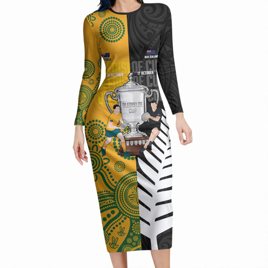 New Zealand Australia Rugby Bledisloe 2026 Custom Long Sleeve Bodycon Dress Champion Trophy Maori Aboriginal Art LT14 Long Dress Multicolor - Polynesian Pride