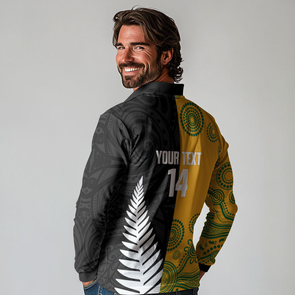 New Zealand Australia Rugby Bledisloe 2026 Custom Long Sleeve Polo Shirt Champion Trophy Maori Aboriginal Art LT14 - Polynesian Pride