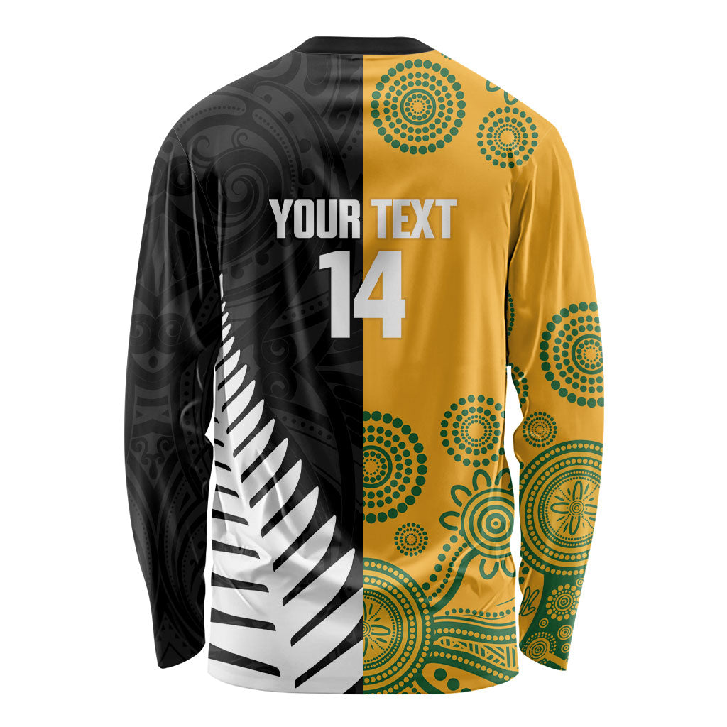 New Zealand Australia Rugby Bledisloe 2026 Custom Long Sleeve Shirt Champion Trophy Maori Aboriginal Art LT14 - Polynesian Pride