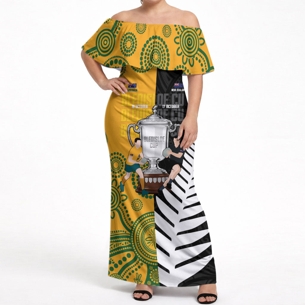 New Zealand Australia Rugby Bledisloe 2026 Custom Off Shoulder Maxi Dress Champion Trophy Maori Aboriginal Art LT14 Women Multicolor - Polynesian Pride