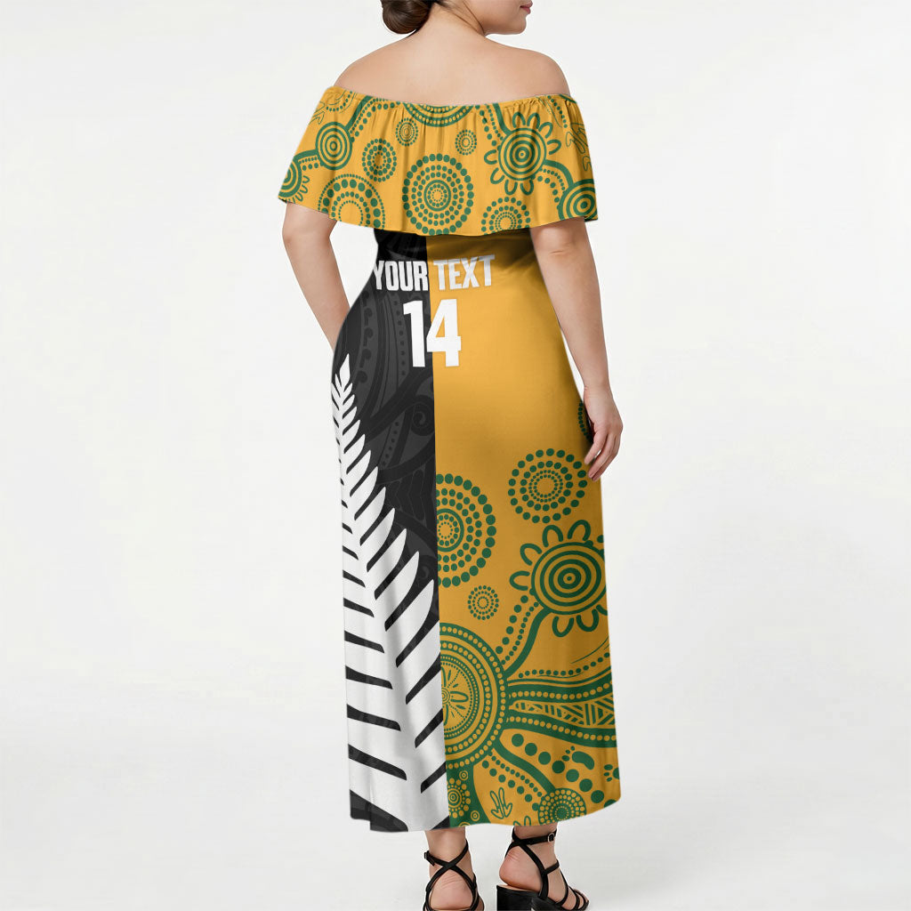 New Zealand Australia Rugby Bledisloe 2026 Custom Off Shoulder Maxi Dress Champion Trophy Maori Aboriginal Art LT14 - Polynesian Pride