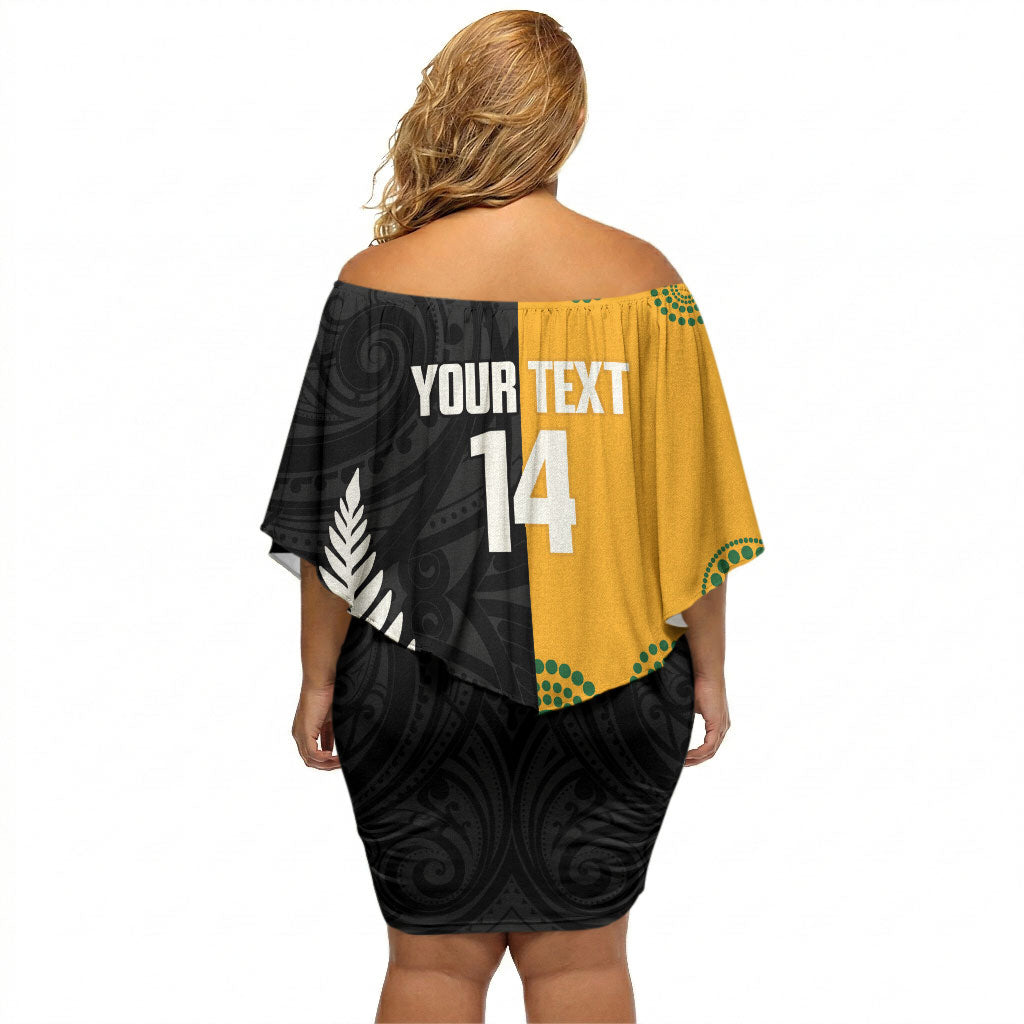 New Zealand Australia Rugby Bledisloe 2026 Custom Off Shoulder Short Dress Champion Trophy Maori Aboriginal Art LT14 - Polynesian Pride
