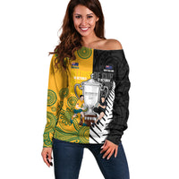 New Zealand Australia Rugby Bledisloe 2026 Custom Off Shoulder Sweater Champion Trophy Maori Aboriginal Art LT14 Women Multicolor - Polynesian Pride
