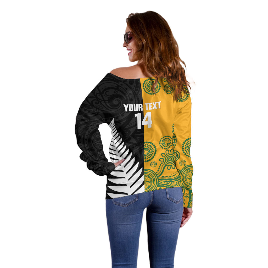 New Zealand Australia Rugby Bledisloe 2026 Custom Off Shoulder Sweater Champion Trophy Maori Aboriginal Art LT14 - Polynesian Pride