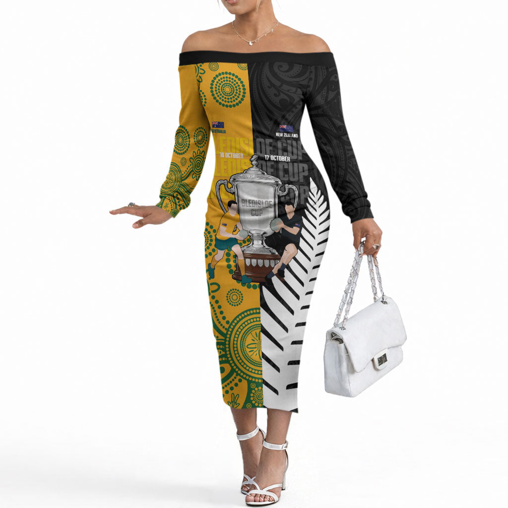 New Zealand Australia Rugby Bledisloe 2026 Custom Off The Shoulder Long Sleeve Dress Champion Trophy Maori Aboriginal Art LT14 Women Multicolor - Polynesian Pride