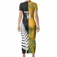 New Zealand Australia Rugby Bledisloe 2026 Custom Short Sleeve Bodycon Dress Champion Trophy Maori Aboriginal Art LT14 - Polynesian Pride