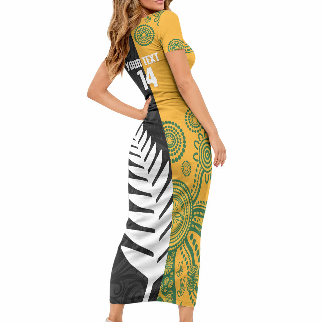 New Zealand Australia Rugby Bledisloe 2026 Custom Short Sleeve Bodycon Dress Champion Trophy Maori Aboriginal Art LT14 - Polynesian Pride