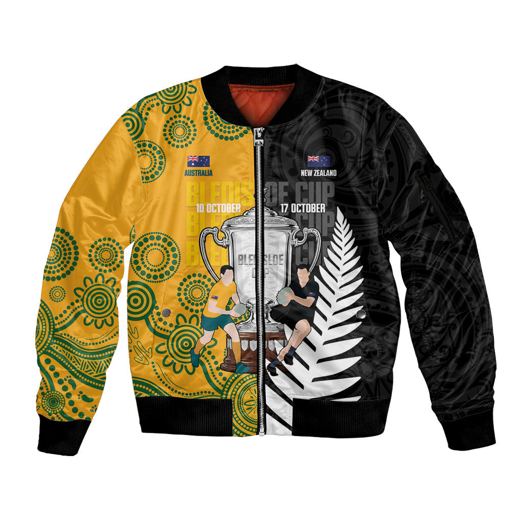 New Zealand Australia Rugby Bledisloe 2026 Custom Sleeve Zip Bomber Jacket Champion Trophy Maori Aboriginal Art LT14 Unisex Multicolor - Polynesian Pride