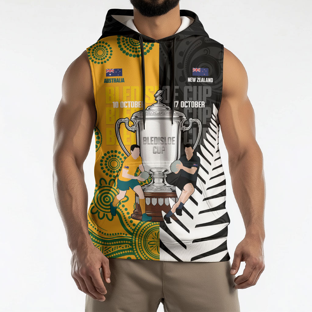 New Zealand Australia Rugby Bledisloe 2026 Custom Sleeveless Hoodie Champion Trophy Maori Aboriginal Art LT14 - Polynesian Pride