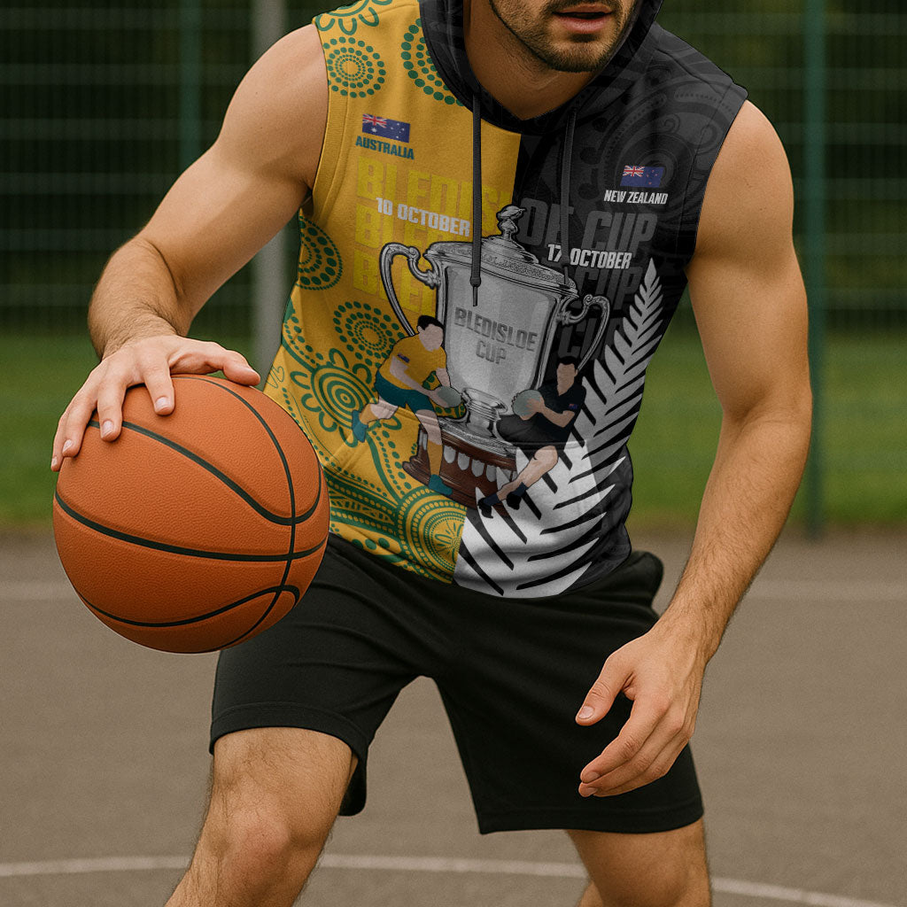 New Zealand Australia Rugby Bledisloe 2026 Custom Sleeveless Hoodie Champion Trophy Maori Aboriginal Art LT14 - Polynesian Pride