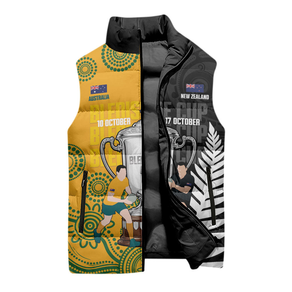 New Zealand Australia Rugby Bledisloe 2026 Custom Sleeveless Puffer Jacket Champion Trophy Maori Aboriginal Art LT14 - Polynesian Pride