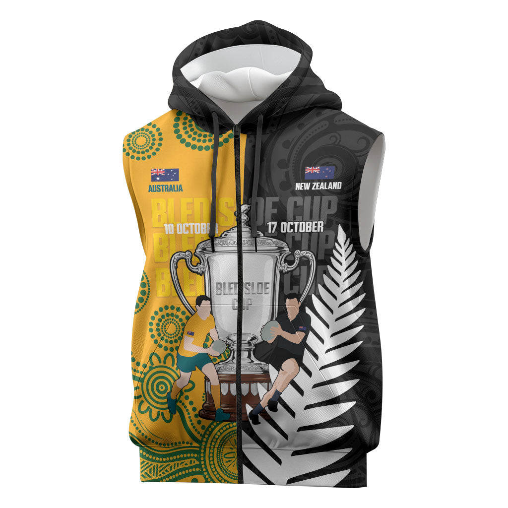 New Zealand Australia Rugby Bledisloe 2026 Custom Sleeveless Zip Hoodie Champion Trophy Maori Aboriginal Art LT14 Multicolor - Polynesian Pride