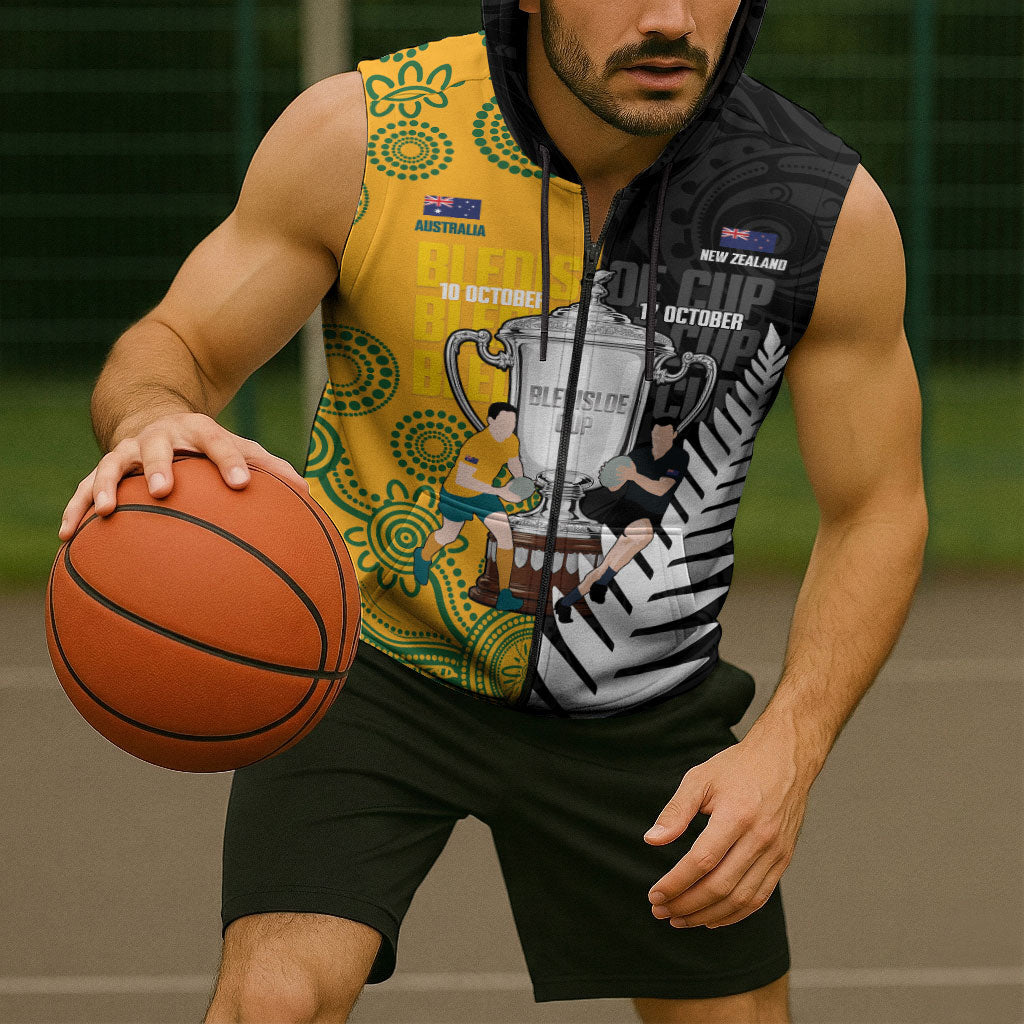 New Zealand Australia Rugby Bledisloe 2026 Custom Sleeveless Zip Hoodie Champion Trophy Maori Aboriginal Art LT14 - Polynesian Pride