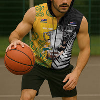 New Zealand Australia Rugby Bledisloe 2026 Custom Sleeveless Zip Hoodie Champion Trophy Maori Aboriginal Art LT14 - Polynesian Pride