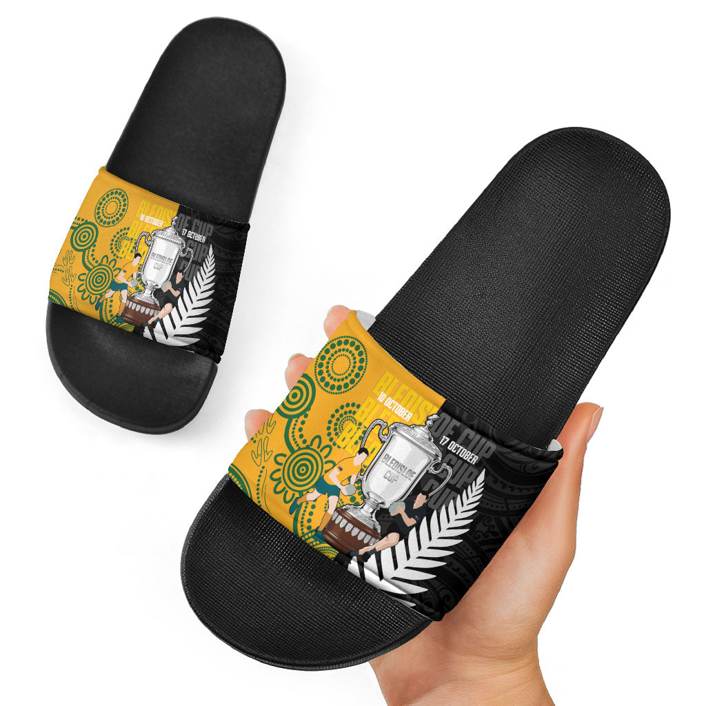 New Zealand Australia Rugby Bledisloe 2026 Slide Sandals Champion Trophy Maori Aboriginal Art LT14 - Polynesian Pride