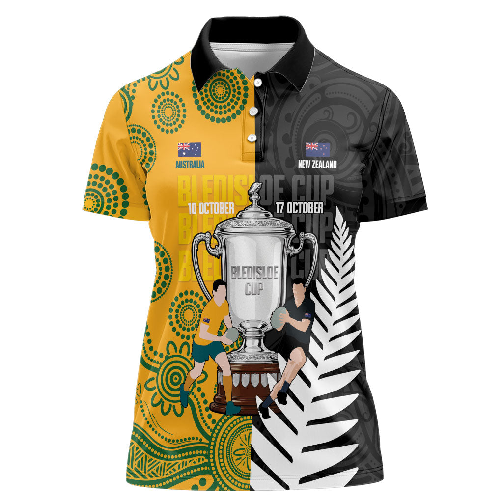 New Zealand Australia Rugby Bledisloe 2026 Custom Women Polo Shirt Champion Trophy Maori Aboriginal Art LT14 Female Multicolor - Polynesian Pride