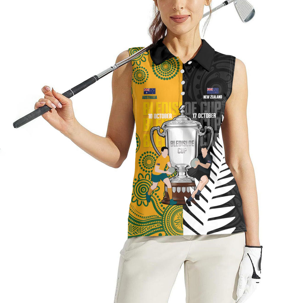 New Zealand Australia Rugby Bledisloe 2026 Custom Women Sleeveless Polo Shirt Champion Trophy Maori Aboriginal Art LT14 - Polynesian Pride