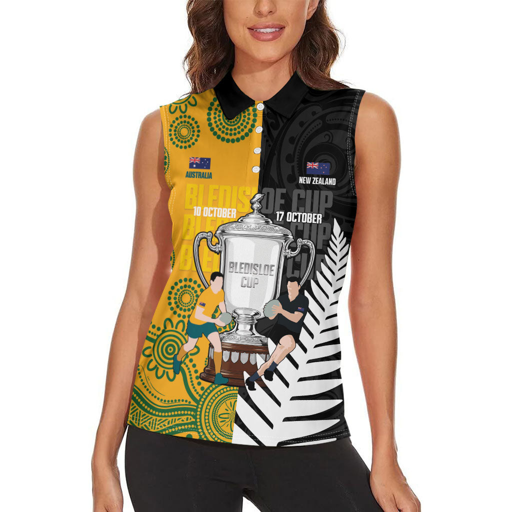 New Zealand Australia Rugby Bledisloe 2026 Custom Women Sleeveless Polo Shirt Champion Trophy Maori Aboriginal Art LT14 - Polynesian Pride