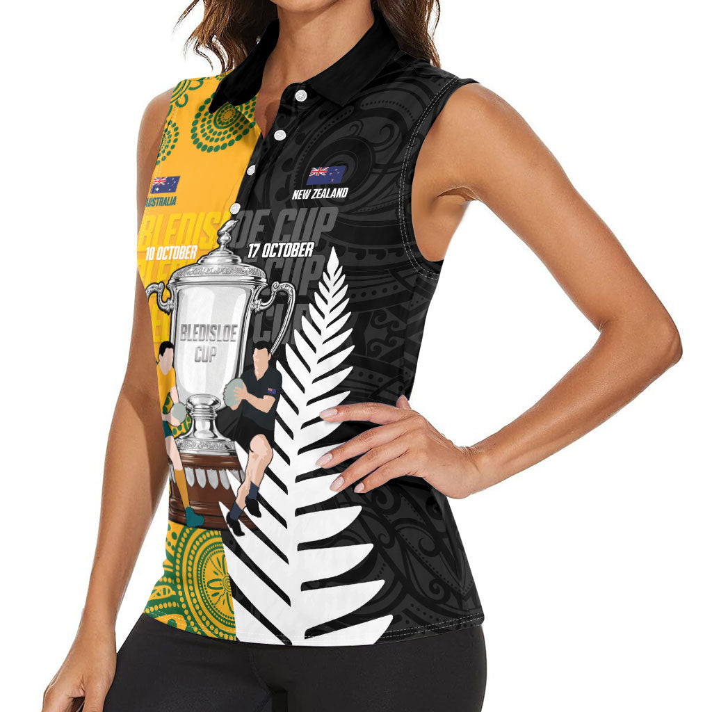 New Zealand Australia Rugby Bledisloe 2026 Custom Women Sleeveless Polo Shirt Champion Trophy Maori Aboriginal Art LT14 - Polynesian Pride