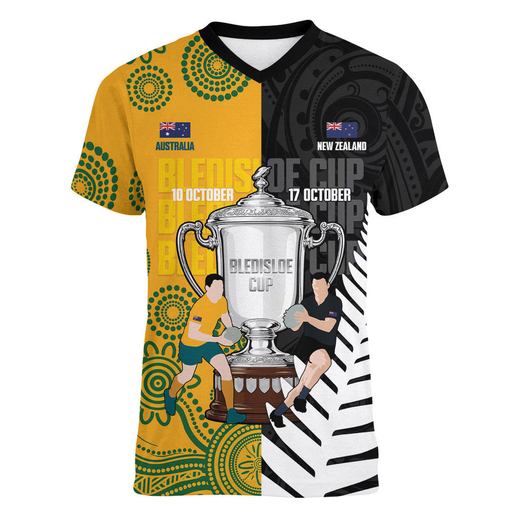 New Zealand Australia Rugby Bledisloe 2026 Custom Women V-Neck T-Shirt Champion Trophy Maori Aboriginal Art LT14 Female Multicolor - Polynesian Pride