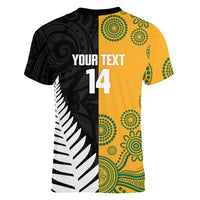 New Zealand Australia Rugby Bledisloe 2026 Custom Women V-Neck T-Shirt Champion Trophy Maori Aboriginal Art LT14 - Polynesian Pride