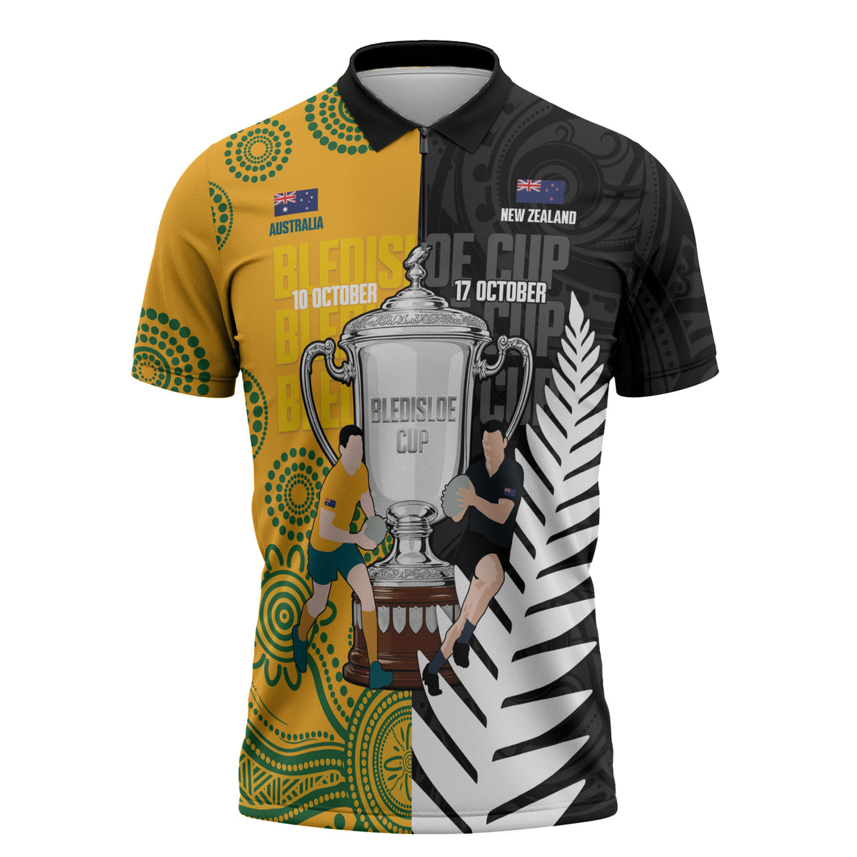 New Zealand Australia Rugby Bledisloe 2026 Custom Zipper Polo Shirt Champion Trophy Maori Aboriginal Art LT14 Multicolor - Polynesian Pride