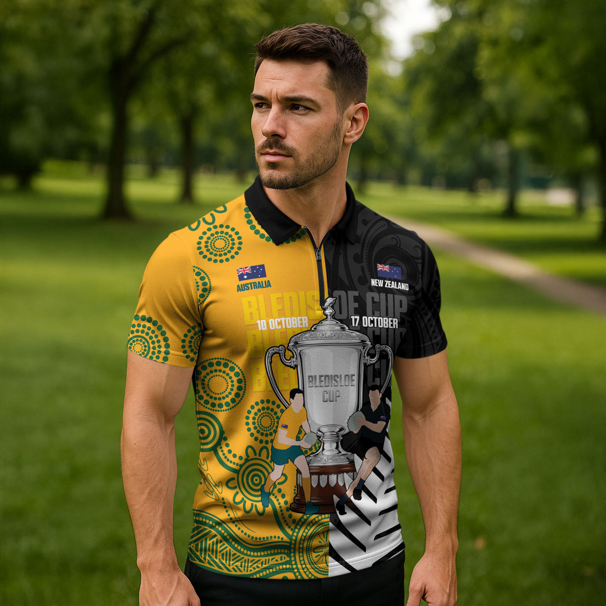 New Zealand Australia Rugby Bledisloe 2026 Custom Zipper Polo Shirt Champion Trophy Maori Aboriginal Art LT14 - Polynesian Pride