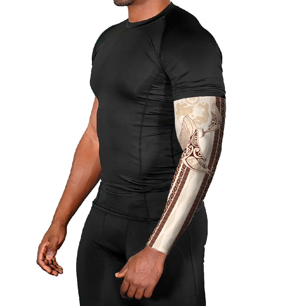 Swimming With Humpback Whales Season Tonga Arm Sleeves Tongan Tofuaa Ngatu Pattern Brown LT14 - Polynesian Pride