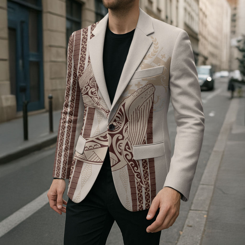Swimming With Humpback Whales Season Tonga Blazer Tongan Tofuaa Ngatu Pattern Brown LT14 - Polynesian Pride