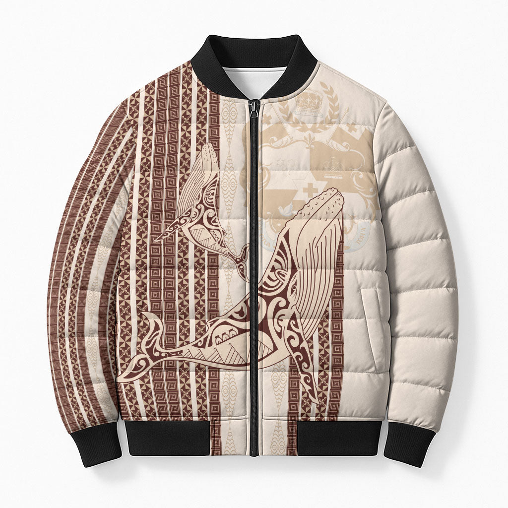 Swimming With Humpback Whales Season Tonga Bomber Puffer Jacket Tongan Tofuaa Ngatu Pattern Brown LT14 Unisex Brown - Polynesian Pride