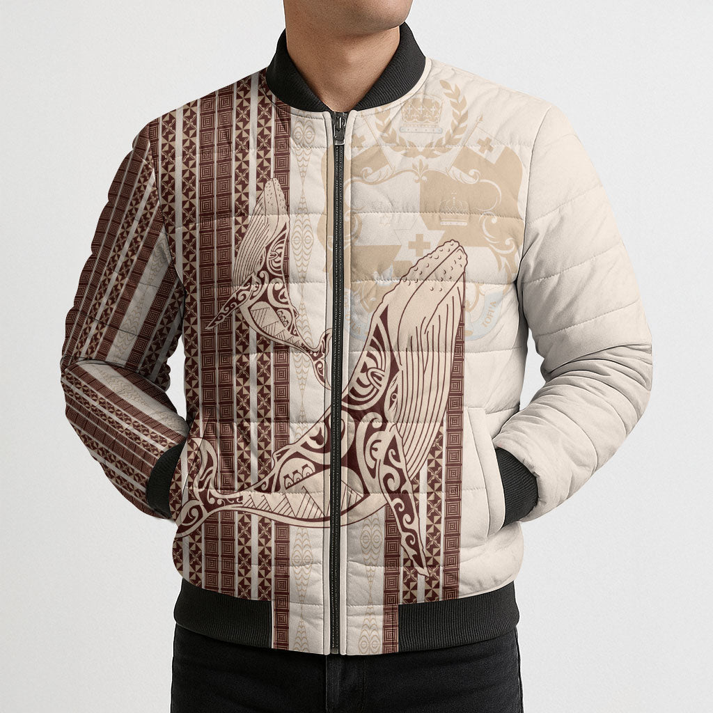 Swimming With Humpback Whales Season Tonga Bomber Puffer Jacket Tongan Tofuaa Ngatu Pattern Brown LT14 - Polynesian Pride
