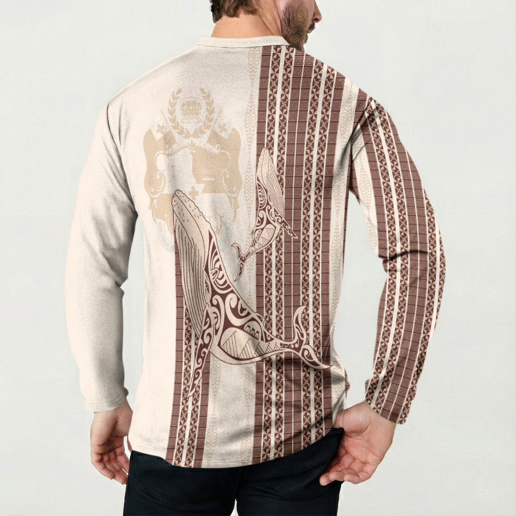 Swimming With Humpback Whales Season Tonga Button Sweatshirt Tongan Tofuaa Ngatu Pattern Brown LT14 - Polynesian Pride