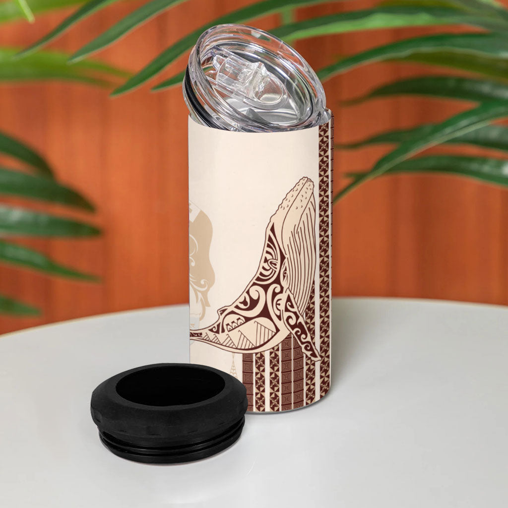 Swimming With Humpback Whales Season Tonga 4 in 1 Can Cooler Tumbler Tongan Tofuaa Ngatu Pattern Brown LT14 - Polynesian Pride