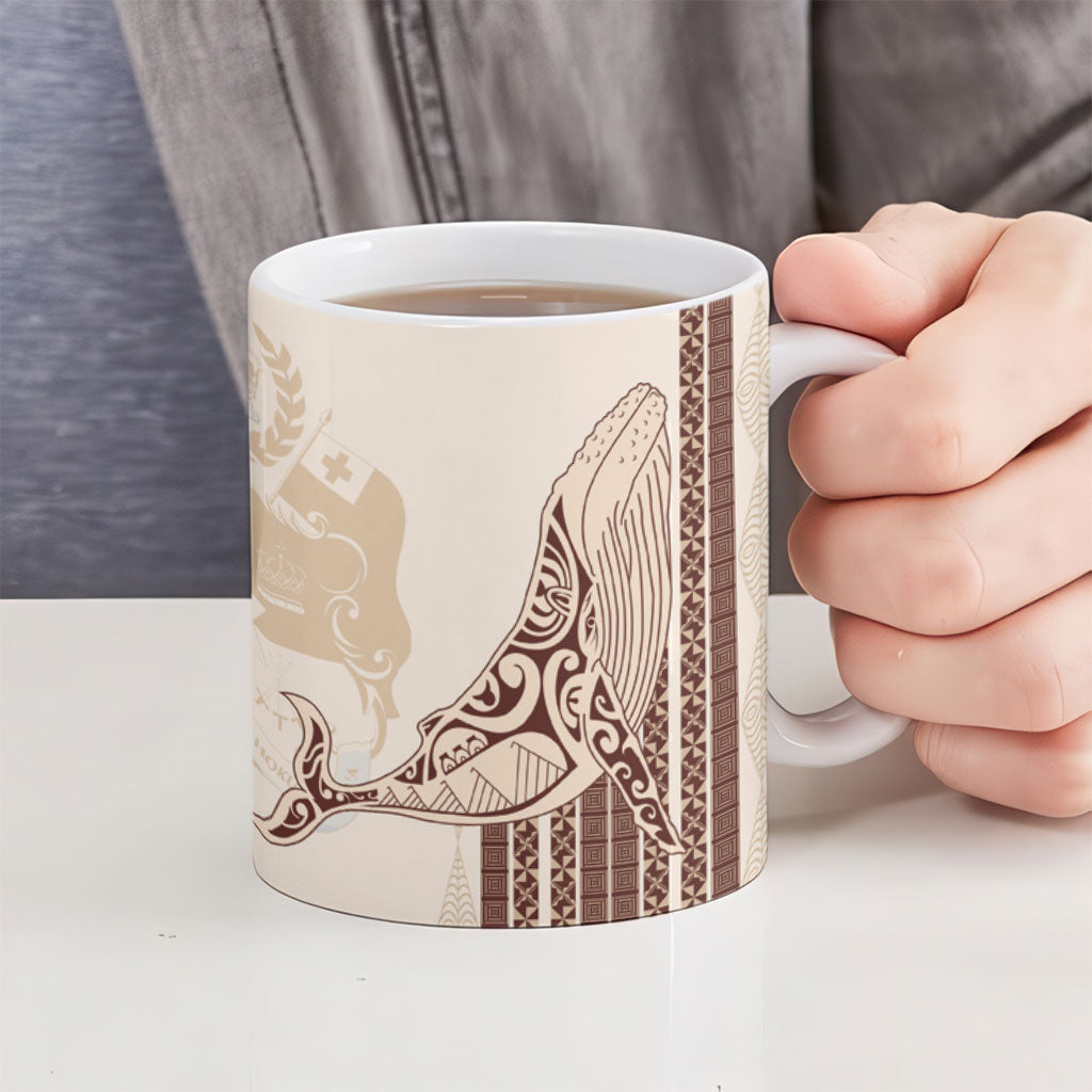 Swimming With Humpback Whales Season Tonga Ceramic Mug Tongan Tofuaa Ngatu Pattern Brown LT14 - Polynesian Pride
