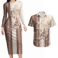 Swimming With Humpback Whales Season Tonga Couples Matching Long Sleeve Bodycon Dress and Hawaiian Shirt Tongan Tofuaa Ngatu Pattern Brown LT14 Brown - Polynesian Pride